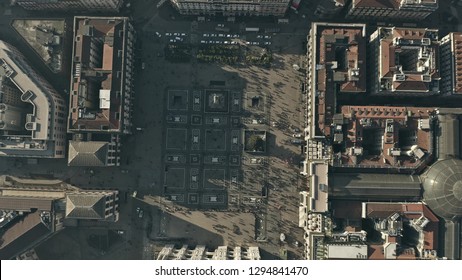 Aerial Top Down View Of Crowded Piazza Del Duomo Square In The Centre Of Milan, Italy