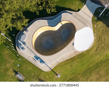 Aerial top down view of empty skate bowl.