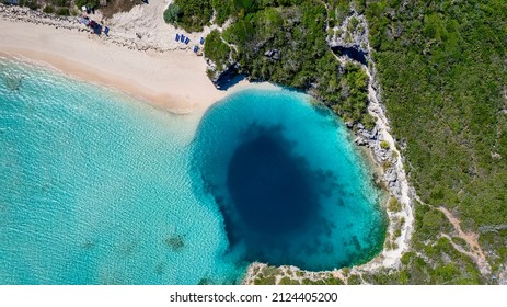 Aerial top down view the famous Dean's Blue Hole Long Island  Bahamas