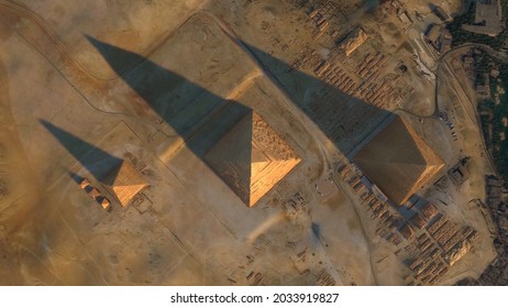 Aerial top down view of Giza Pyramid Complex also called Necropolis is site on the Plateau in Greater Cairo Egypt screenshot of high resolution animation - Shutterstock ID 2033919827