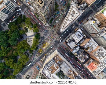 Aerial Top Down View Of New York Downtown Street Intersection And City Park. Manhattan Buildings From High Angle