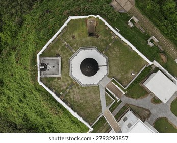 Aerial top down view of an octagonal lighthouse complex.