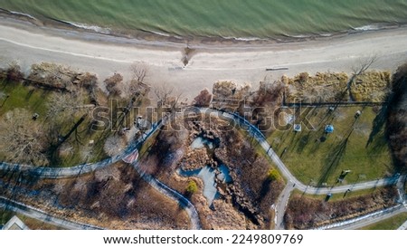 Aerial top down view of Paradise Park on the coast of Lake Ontario in Ajax Ontario