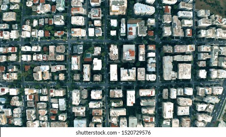 Aerial Top Down View Of Rectangular Streets And Buildings Grid In Athens, Greece