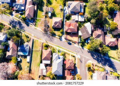 Aerial Top Down View In Residential Suburb Of City Of Ryde In Greater Sydney On A Sunny Day - Quiet Green Streets With Wealthy Houses.