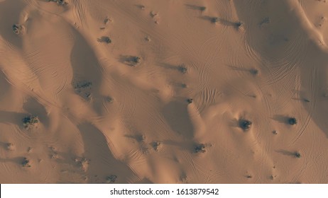 Aerial Top Down View Of Sand Dunes With Multiple Car Tracks In The Desert