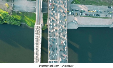 Aerial Top Down View Shot Of Traffic Jam On A Car Bridge In The Evening Rush Hour