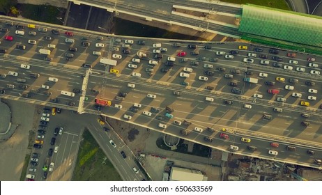 Aerial Top Down View Shot Of Traffic Jam On Both Sides Of A Highway In The Evening Rush Hour