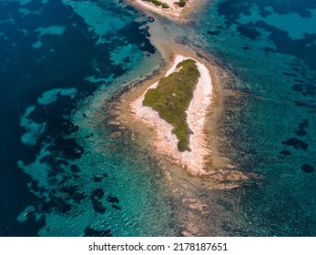 Aerial Top Down View Of Small Island In Aegean Sea In Greece