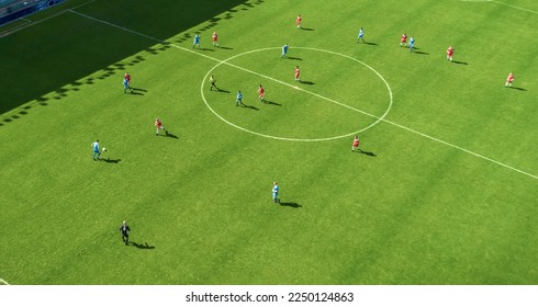 Aerial Top Down View of Soccer Football Field and Two Professional Teams Playing. Passing, Dribbling, Attacking. Football Tournament Match, International Competition. Flyover Whole Stadium Shot. - Shutterstock ID 2250124863