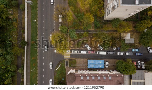 Aerial top down view of  street road car traffic\
of cars, transportation\
concept
