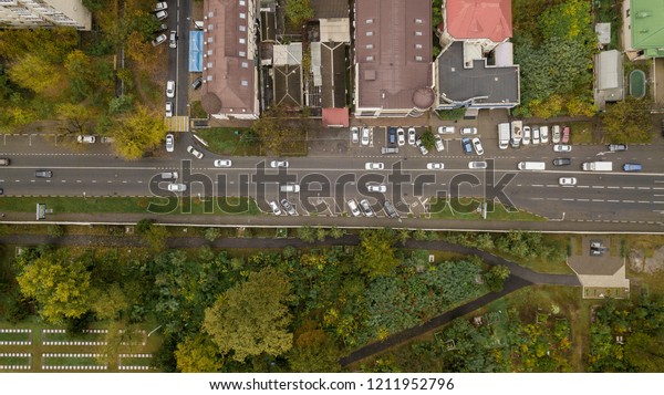 Aerial top down view of  street road car traffic\
of cars, transportation\
concept