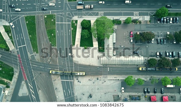 Aerial top\
down view of streets in Dresden,\
Germany