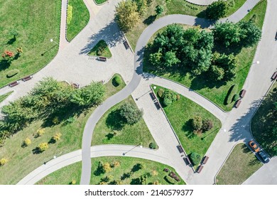 Aerial Top Down View Of Summer Park Landscape With Walking Paths. Drone Photo.