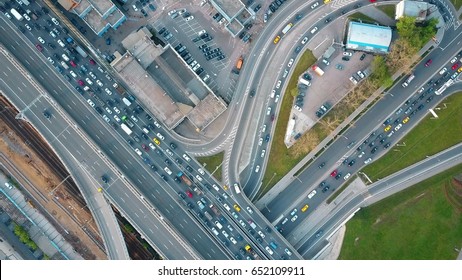 Aerial Top Down View Of Traffic Jam On A City Car Road In The Rush Hour