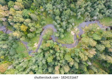 Aerial top down view of winding river flowing through green forest