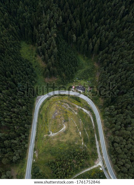 Aerial top down view of\
winding road and house near road in mountain pine forest. green\
meadow. Nature, travel mood, motivation. South Tyrol, Austria.\
Europe trip by car.