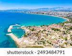 Aerial top drone view of ancient Side town, Antalya Province in Turkey.