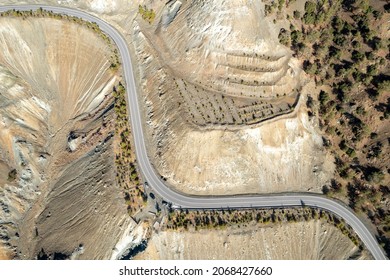 Aerial Top Drone View Mountain Landscape With Empty Curved Road. Troodos Mountains Europe