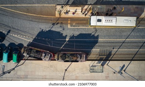 Aerial Top Drone View Over Bus And Electric Metro Transports In Lisbon, Portugal