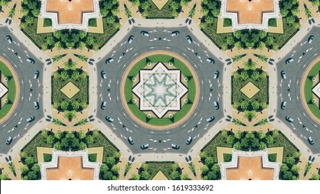 Aerial Top Shot Of A City Roundabout Traffic In Cordoba, Spain. Kaleidoscopic Effect