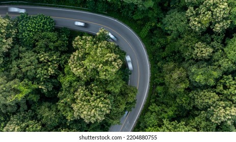 Aerial Top View Asphalt Road In Forest With Car Motion Blur, Winding Road Through The Forest, Car Drive On The Road Between Green Forest.