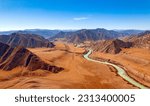 Aerial top view autumn Landscape beautiful green blue river mountains Altai.