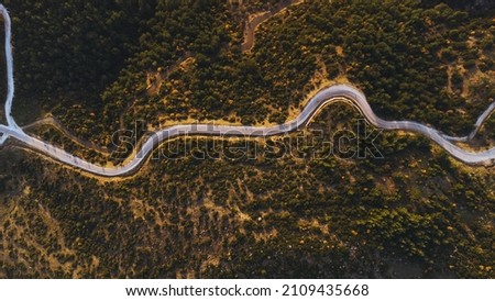Aerial Top view of a bending single lane road among bushes.