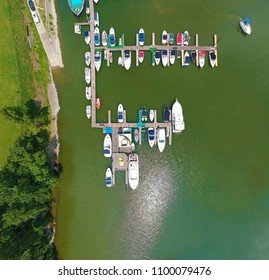 Aerial top view of boats at the Marina Part, Budapest, Hungary