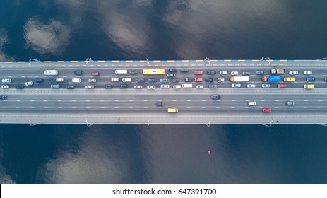 Aerial Top View Of Bridge Road Automobile Traffic Of Many Cars, Transportation Concept
