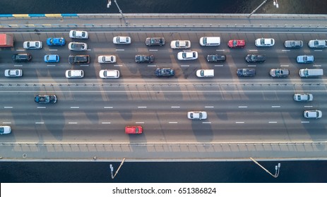 Aerial Top View Of Bridge Road Automobile Traffic Of Many Cars, Transportation Concept
