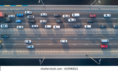 Aerial Top View Of Bridge Road Automobile Traffic Of Many Cars, Transportation Concept
