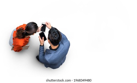 Aerial Top View With Business Man And Woman With Smartphone Stand At White Pavement Street With Empty Space. People Life In Social Distance. 