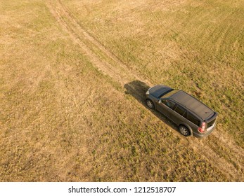 aerial top view of car isolated on summer field texture background