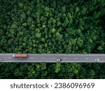 Aerial top view of car and truck driving on highway road in green forest. Sustainable transport. Drone view of hydrogen energy truck and electric vehicle driving on asphalt road through green forest.