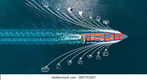 Aerial top view of cargo ship with contrail and smart icons on the ocean sea , ship carrying container export from container international port to custom ocean concept freight shipping by ship service