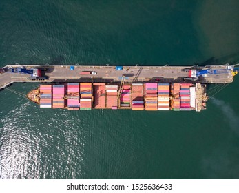 Aerial Top View Of A Container Cargo Ship, In Acajutla Port, El Salvador, Central America.