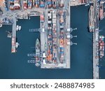 Aerial top view of Container ship loading and unloading, Cargo container in deep seaport for the international order concept.