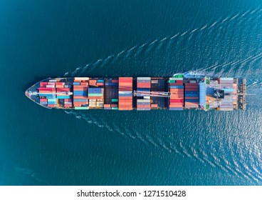 Aerial top view container ship with crane bridge for load container, logistics import export, shipping or transportation concept background.