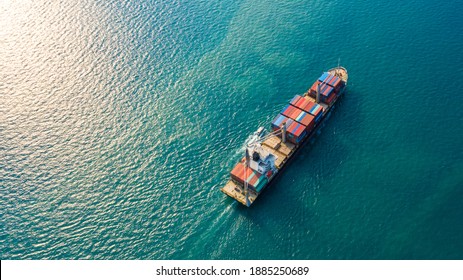 Aerial top view container ship with crane bridge for load container, Business global company commercial trade logistics import export, Freight shipping cargo vessel transportation.