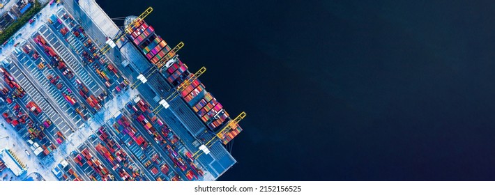 Aerial top view of Container ship loading and unloading, Cargo container in deep seaport for the international order concept.  - Shutterstock ID 2152156525