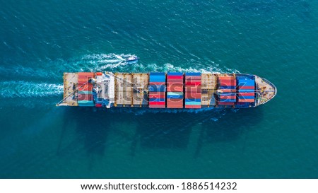 Aerial top view container ship with crane bridge for load container, Business global company commercial trade logistics import export, Freight shipping cargo vessel transportation.