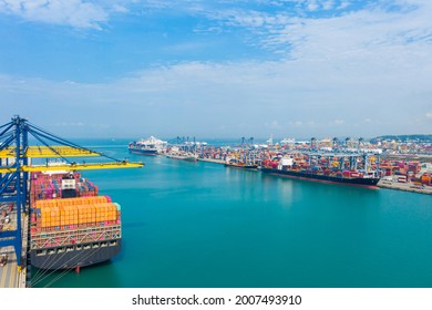 Aerial top view of containers cargo ship. Business logistic transportation sea freight, cargo ship, Logistics import export Container Cargo ship over sea around in the world - Shutterstock ID 2007493910