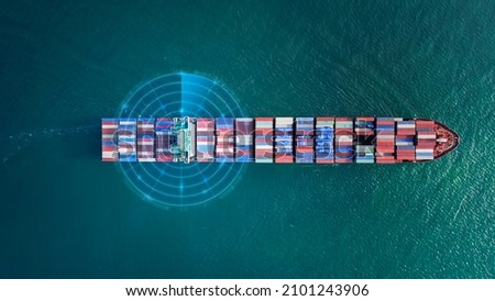 Aerial top view Containers cargo ship with radar with radar and antenna signal-aerial with technology communication