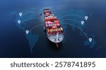 Aerial top view containers ship cargo business commercial logistic and transportation international import export by container freight cargo ship in the open seaport show ocean network on map.