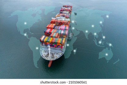 Aerial top view containers ship cargo business commercial logistic and transportation international import export by container freight cargo ship in the open seaport show ocean network on map.
