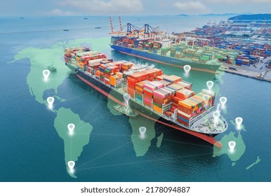 Aerial Top View Containers Ship Cargo Business Commercial Logistic And Transportation International Import Export By Container Freight Cargo Ship In The Open Seaport Show Ocean Network On Map.