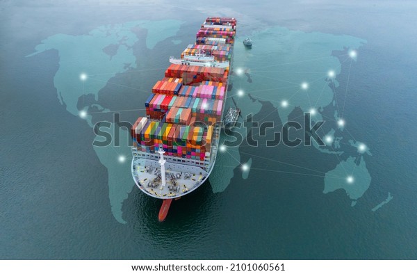 Aerial top view containers ship cargo business\
commercial logistic and transportation international import export\
by container freight cargo ship in the open seaport show ocean\
network on map.