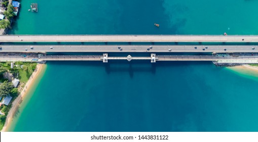 Aerial Top View Drone Shot Of Bridge With Cars On Bridge Road Image Transportation And Travel Background Concept.