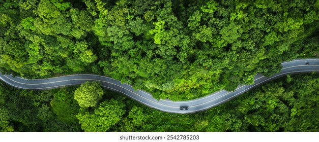 Aerial top view drone shot road in the middle of the forest Concept ,  Car moving on road.